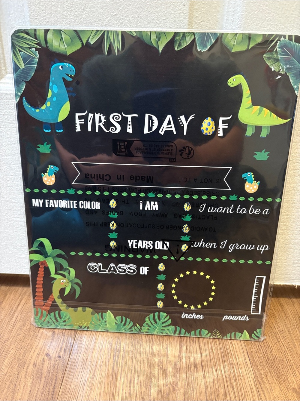 First Day Of Dinosaur Chalkboard Milestone Sign - Black with Green & Blue
